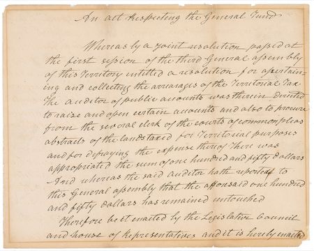 Lot #52 William Henry Harrison: Shortly after Tippecanoe, Governor Harrison approves a house bill on territorial taxes - Image 1