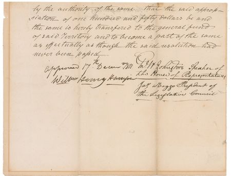 Lot #52 William Henry Harrison: Shortly after Tippecanoe, Governor Harrison approves a house bill on territorial taxes - Image 2