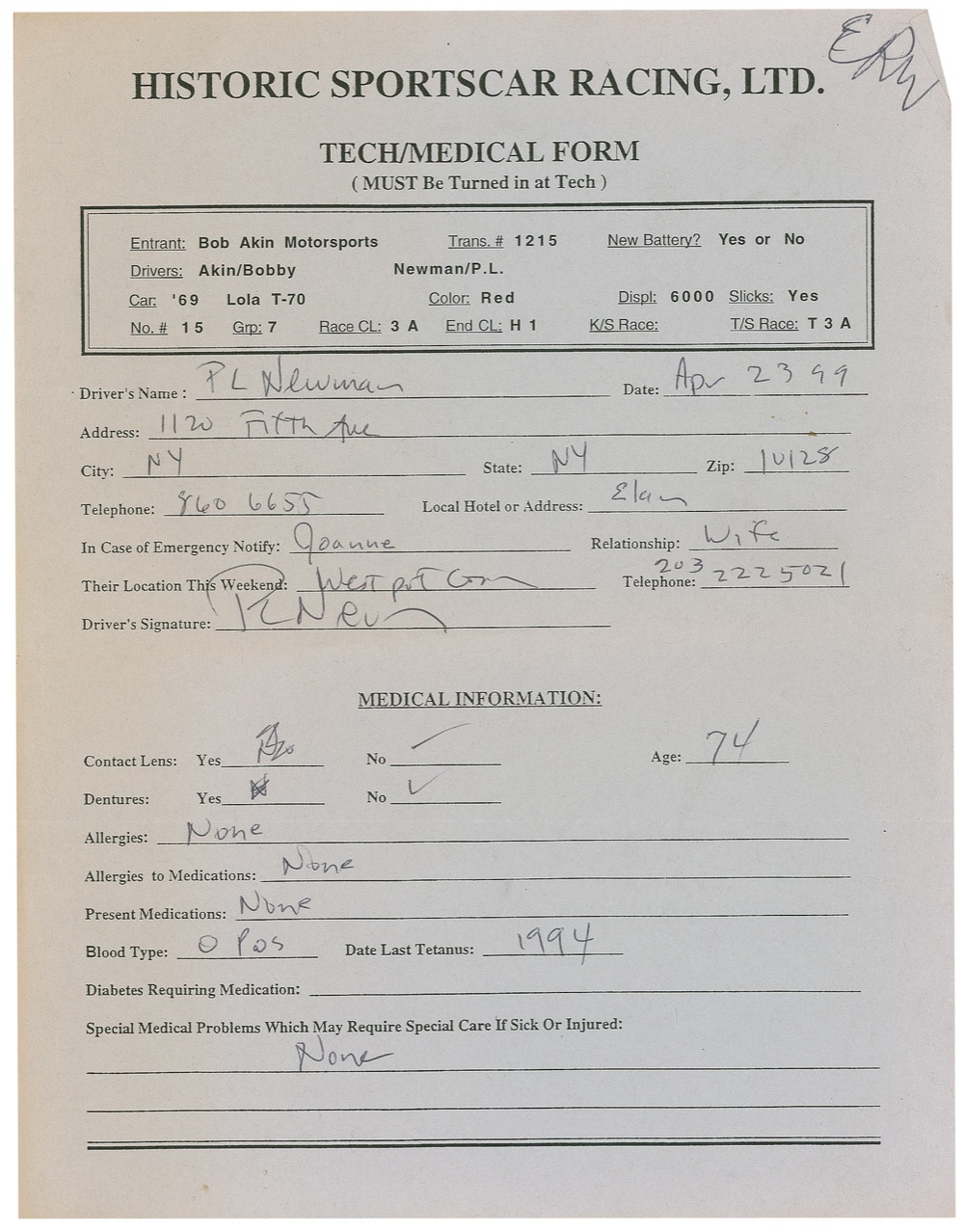 Lot 1222 Paul Newman: ?P. L. Newman? registers to engage in his favorite pastime with the Sports Car Club of America