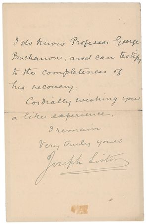 Lot #268 Joseph Lister: Lister writes of “old student days” to the fellow classmate he accompanied to England’s first operation using ether some 50 years earlier - Image 2