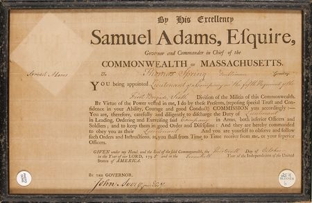Lot #135 Samuel Adams: Governor Adams appoints a militia lieutenant - Image 1