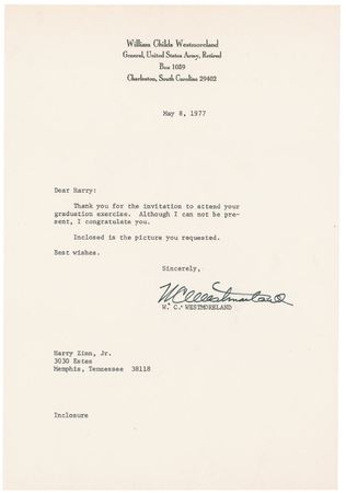 Lot #382 William Westmoreland Signed Photograph and Letter - Image 2