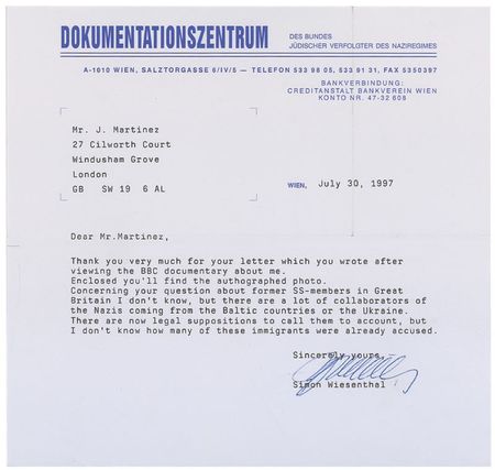 Lot #332 Simon Wiesenthal: ?There are a lot of collaborators of the Nazis coming from the Baltic countries or the Ukraine. There are now legal suppositions to call them to account, but I don?t know how many of these immigrants were already accused? - Image 1