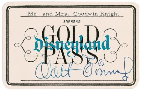 Lot #704 Walt Disney: Ultra-rare 1966 Gold Pass, issued to the ex-governor of California, one of the last Disney would sign as he would die later that year - Image 1