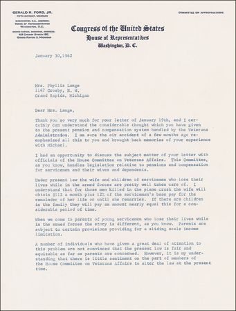 Lot #51 Gerald Ford: “Under the present law the wife and children of servicemen who lose their lives while in the armed forces are pretty well taken care of...When we come to parents of young servicemen…the story is different, as you know” - Image 1