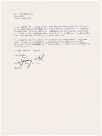 Lot #51 Gerald Ford: “Under the present law the wife and children of servicemen who lose their lives while in the armed forces are pretty well taken care of...When we come to parents of young servicemen…the story is different, as you know” - Image 2