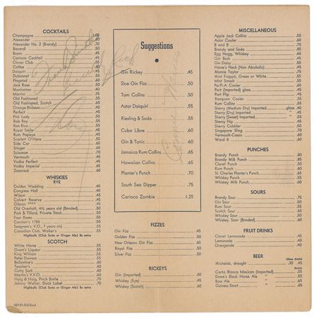 Lot #956 Frank Sinatra Menu - Image 1