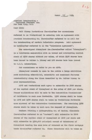 Lot #709 Walt Disney: In the contract that made Disneyland a reality, Disney “intends to open to the public a large exhibition park containing educational, scientific and amusement features