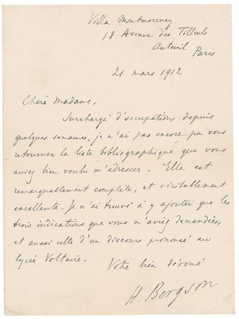 Lot #147 Henri Bergson: ?I only found it necessary to add the three indications you asked me for as well as the addition of a speech delivered at the Lycee Voltaire? - Image 1