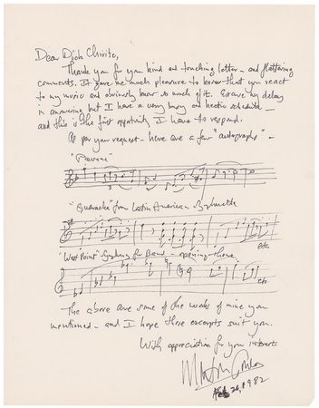 Lot #865 Morton Gould: The renowned conductor sends three musical quotes to an educated admirer - Image 1