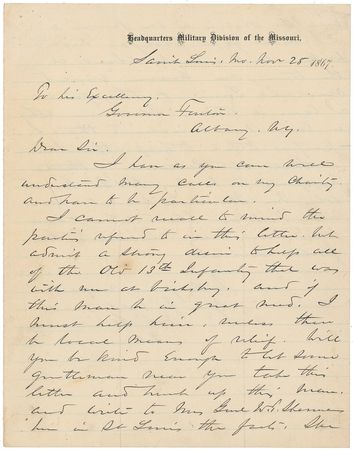 Lot #1873 William T. Sherman: Writing to the governor of New York, Sherman expresses “a strong desire to help all of the Old 13th Infantry that was with me at Vicksburg” - Image 1