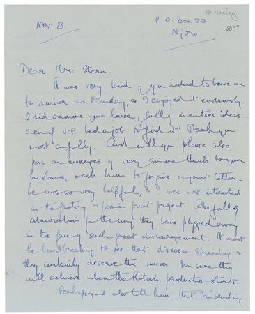 Lot #243 Elspeth Huxley: ?I was most interested in the factory & passion fruit project. Also fully [sic] admiration for the way they have plugged away in the face of such great discouragement? - Image 1