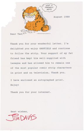 Lot #699 Jim Davis Typed Letter Signed and Printed Sketch - Image 1