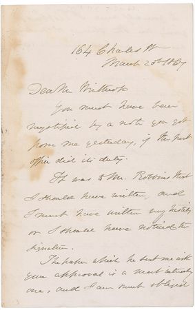 Lot #614 Oliver Wendell Holmes, Sr: ?It is curious to read their stipulations about ?animalcula? in the days of trichina and other beasts of the microscopic menagerie? - Image 1