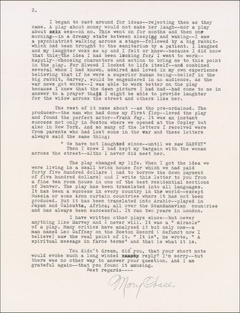 Lot #565 Mary Chase: On the origins of Harvey: ?I saw a psychiatrist walking across a stage?followed by a big rabbit which had been brought to the sanitarium by the patient?the play changed my life? - Image 1