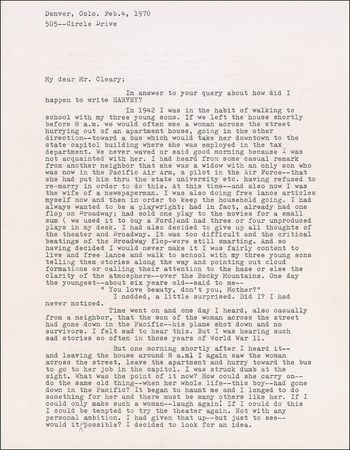 Lot #565 Mary Chase: On the origins of Harvey: ?I saw a psychiatrist walking across a stage?followed by a big rabbit which had been brought to the sanitarium by the patient?the play changed my life? - Image 2