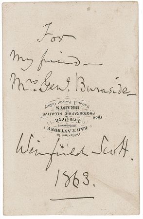 Lot #1849 Winfield Scott: Autographed carte-de-visite presented to Mrs. General Ambrose E. Burnside in 1863 - Image 2