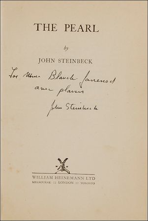 Lot #668 John Steinbeck: Steinbeck inscribed a first UK edition of The Pearl ?avec plaisir? - Image 1