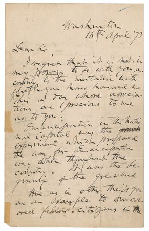 Lot #1892 Charles Sumner: “Your success here will vindicate the capacity of colored people for citizenship…Here let me speak frankly. Much has been done; but more remains to be done. The great work is not yet accomplished” - Image 1