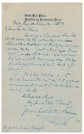 Lot #586. Charles Dickens: Dickens thanks his renowned 1858 photographer &ldquo;for the remarkable, interesting and admirable collection of photographs you have sent to me"