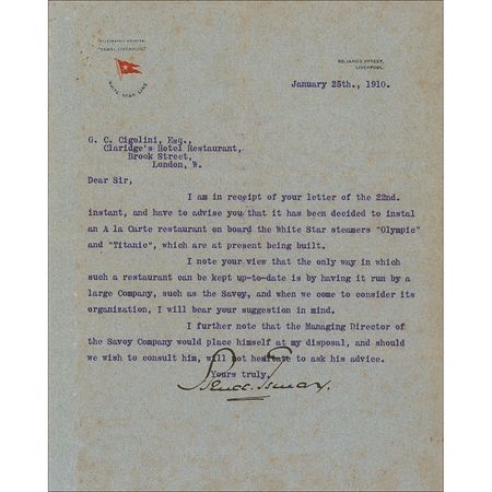 Lot #1644 Bruce Ismay: Ismay plans an “A la Carte
