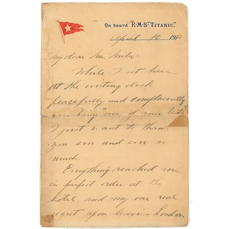 Lot #1645 John Snyder: Titanic survivor writes a letter from the ship while “peacefully and complacently smoking” - Image 1