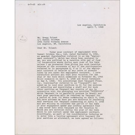 Lot #1379 Gregg Toland Signed Document - Image 1