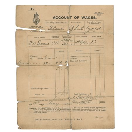 Lot #1648 Frank O. Evans: Rare pay slip from a surviving crewman for his six days of service aboard the Titanic - Image 1