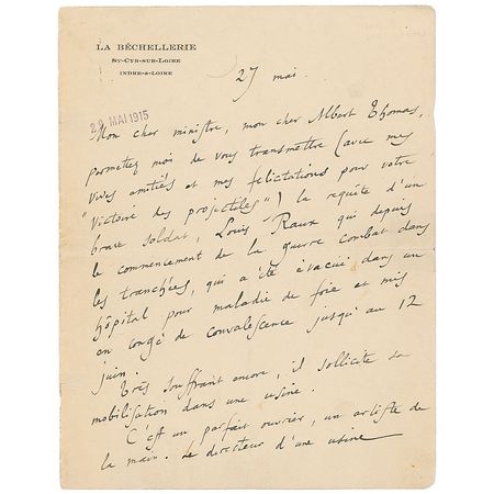 Lot #564 Anatole France: ?Allow me to forward to you (together with my warm regards and congratulations for your ?Victory of the Projectiles?) the request of a good soldier? - Image 1