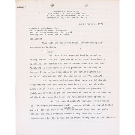 Lot #1089 Marlon Brando: An astounding archive of documentation from the notorious filming of Apocalypse Now, including Brando?s gargantuan million dollar contract - Image 2