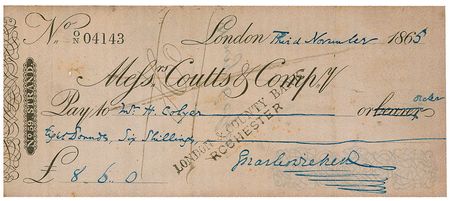 Lot #552. Charles Dickens: Exemplary Messrs. Coutts & Company check, filled out entirely in Dickens&rsquo; unique hand!