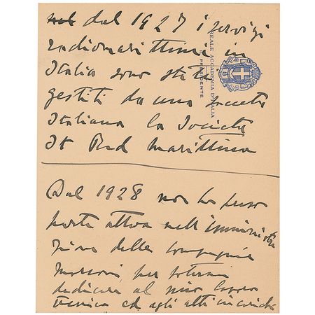 Lot #307 Guglielmo Marconi: Exceedingly desirable, handwritten account describing the development of Marconi?s greatest gift to modern communications - Image 1