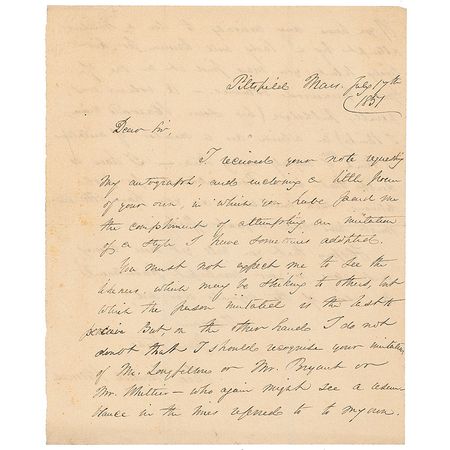 Lot #578 Oliver Wendell Holmes, Sr: “On the other hand, I do not doubt that I should recognize your imitation of Mr. Longfellow or Mr. Bryant or Mr. Whittier” - Image 1