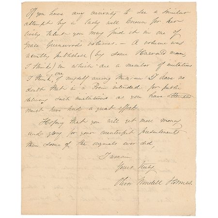 Lot #578 Oliver Wendell Holmes, Sr: “On the other hand, I do not doubt that I should recognize your imitation of Mr. Longfellow or Mr. Bryant or Mr. Whittier” - Image 2