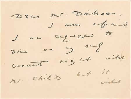 Lot #678 Oscar Wilde: Wilde pens a scarce, near-pristine note of regret, adding “it will give me much pleasure to have the opportunity of meeting you” - Image 1