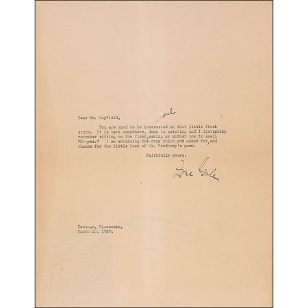 Lot #565 Zona Gale Souvenir Handwritten Manuscript and Typed Letter Signed - Image 1