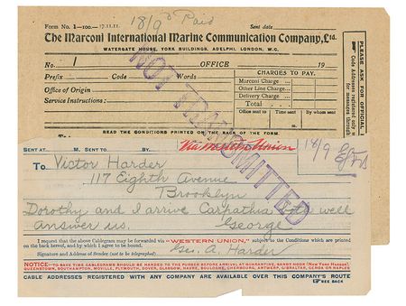 Lot #1662 Titanic: Titanic survivors aboard the Carpathia try to telegraph family - Image 2