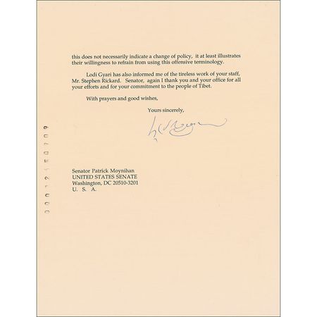 Lot #213 Dalai Lama: In an exceptionally rare letter, the Dalai Lama expresses hope for ?unprecedented leverage in pressuring China to improve conditions inside Tibet and its treatment of the Tibetan people? from the United States - Image 1