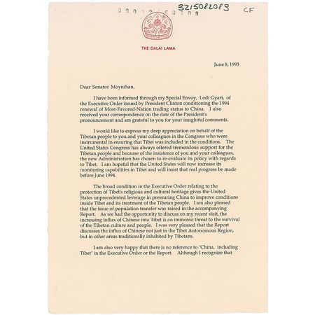 Lot #213 Dalai Lama: In an exceptionally rare letter, the Dalai Lama expresses hope for ?unprecedented leverage in pressuring China to improve conditions inside Tibet and its treatment of the Tibetan people? from the United States - Image 2