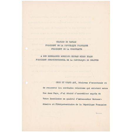 Lot #216 Charles de Gaulle: The French president appoints a minister to Bolivia - Image 1