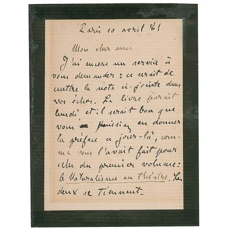 Lot #688 Emile Zola: “It would be a good idea for you to give the preface that day as you did for the preface of the first volume of ‘Naturalism in the Theater’” - Image 1
