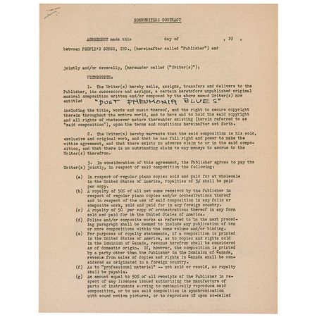 Lot #912 Woody Guthrie: Guthrie signs away the rights to his ?Dust Pneumonia Blues? - Image 1