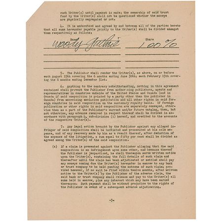 Lot #912 Woody Guthrie: Guthrie signs away the rights to his ?Dust Pneumonia Blues? - Image 3