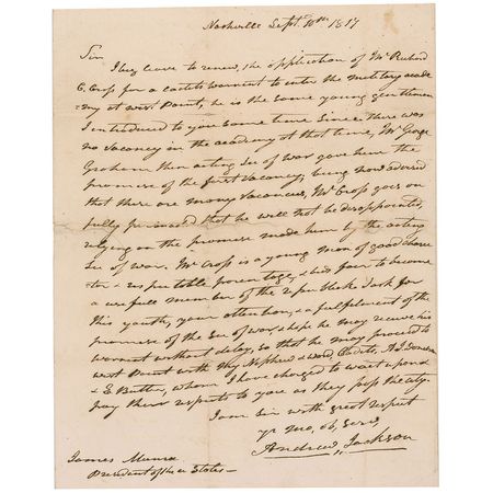 Lot #65 Andrew Jackson: Jackson recommends a West Point cadet to President “James Munroe” - Image 1