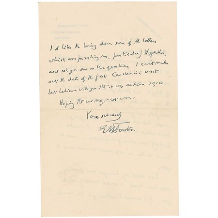 Lot #563 E. M. Forster: Forster seeks assistance researching his contemporaries: ?I will bring a few letters with me - to Hogarth and others - and mark my difficulties. I wish I knew what Carchemish looked like!? - Image 3