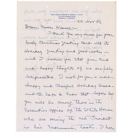 Lot #448 Chester Nimitz: ?I hope to hear that before long you will be among those in the Executive Office of the White House who are serving the new President in his Enormous task? - Image 1