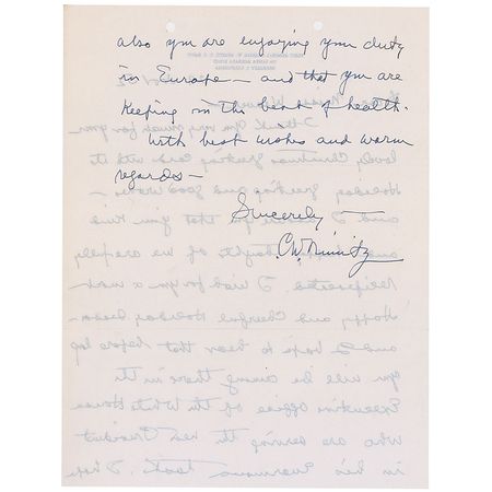 Lot #448 Chester Nimitz: ?I hope to hear that before long you will be among those in the Executive Office of the White House who are serving the new President in his Enormous task? - Image 2