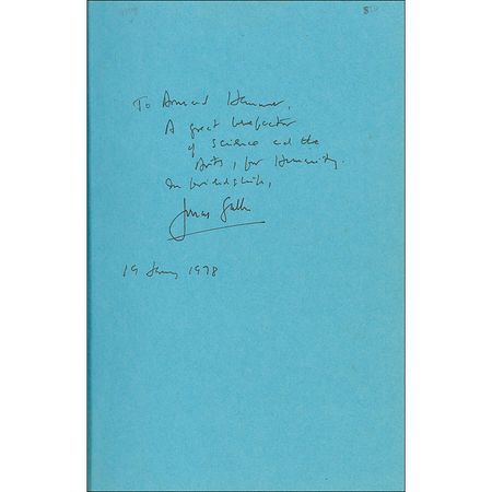 Lot #356 Jonas Salk: Salk pens a flattering inscription to petroleum tycoon, Armand Hammer, whom he deems ?A great benefactor of science and the Arts, for Humanity? - Image 1