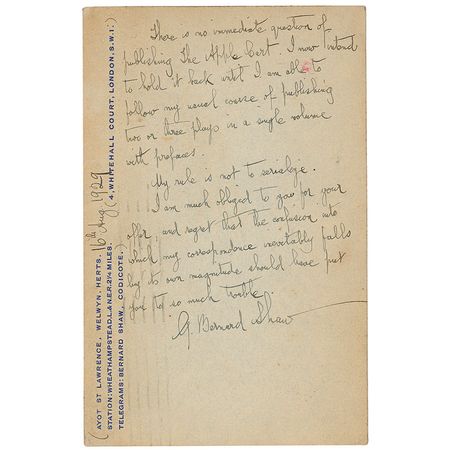 Lot #654 George Bernard Shaw: Shaw declines an American offer to publish his 1929 play, The Apple Cart - Image 1