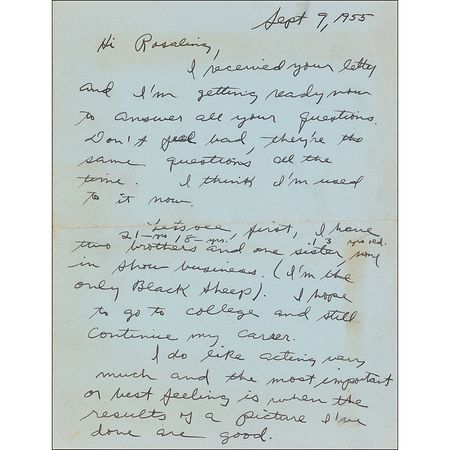 Lot #1281 Sal Mineo: A 16-year-old Mineo pens a few quick and witty responses to a fan just one month before the release of Rebel Without a Cause: ?I?ve been on Broadway and I?ve done T. V. in N. Y. I only go to Calif. to do a picture? - Image 1